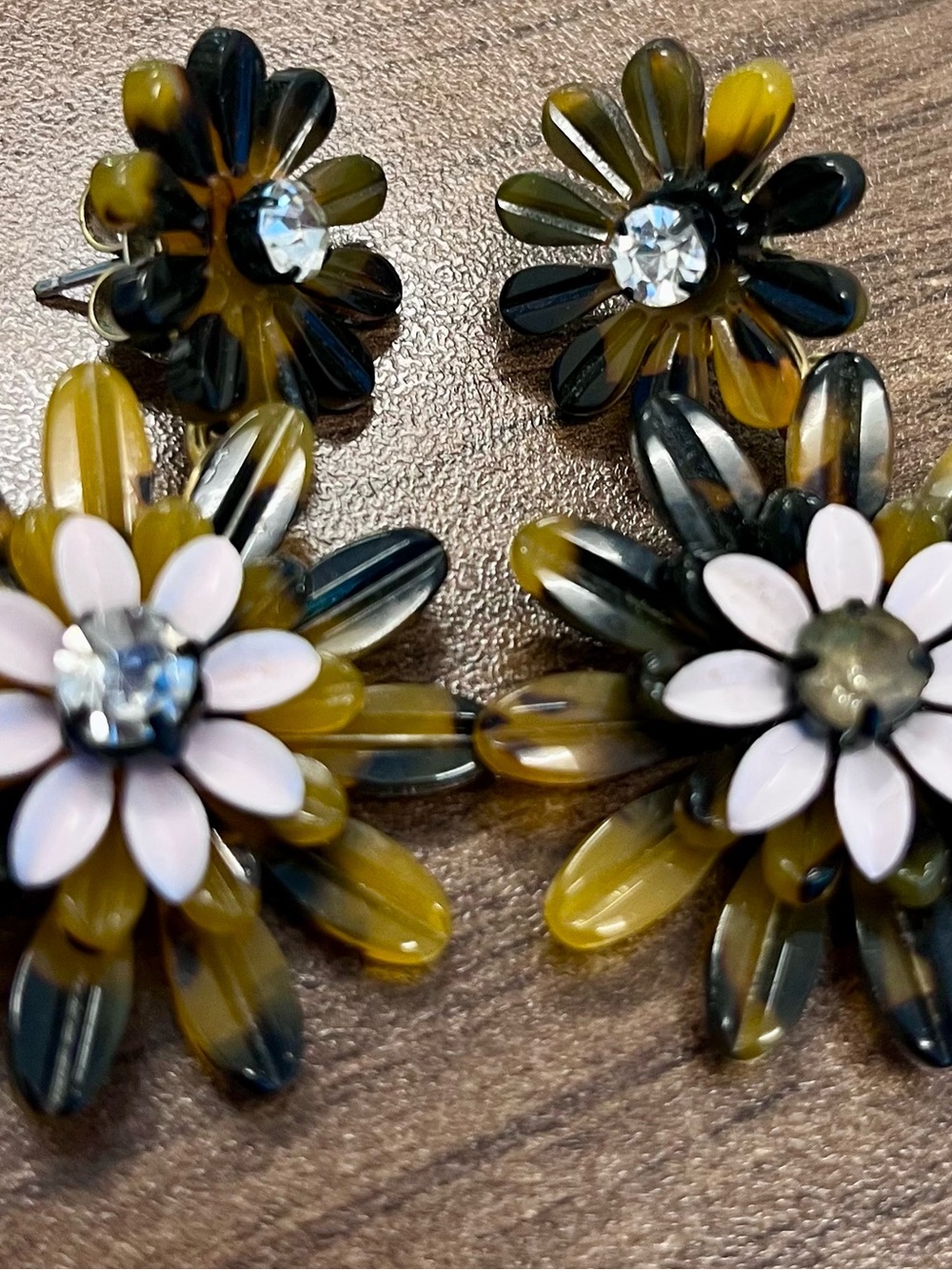 J. Crew Two-Tier Daisy Tortoise Drop Earrings with rhinestone centers